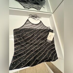 Chic Black Sequin Halter Top with Sheer Mesh Detail